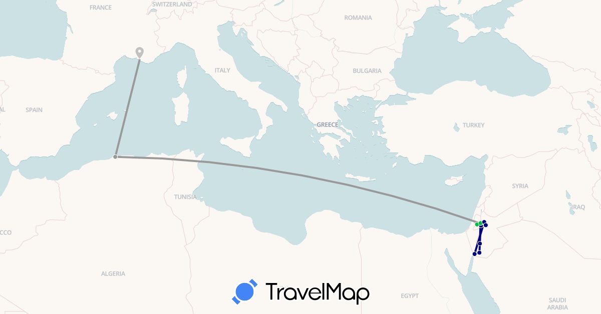 TravelMap itinerary: driving, bus, plane in Algeria, France, Israel, Jordan (Africa, Asia, Europe)